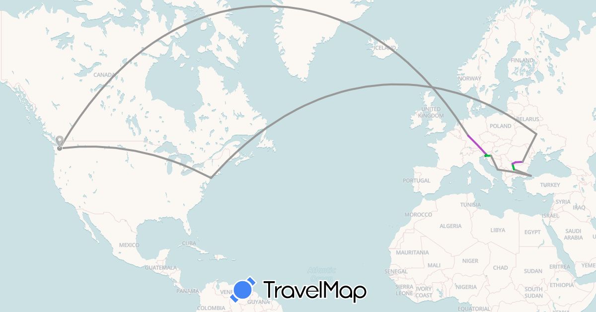 TravelMap itinerary: driving, bus, plane, train in Bulgaria, Germany, Croatia, Romania, Slovenia, Turkey, Ukraine, United States (Asia, Europe, North America)